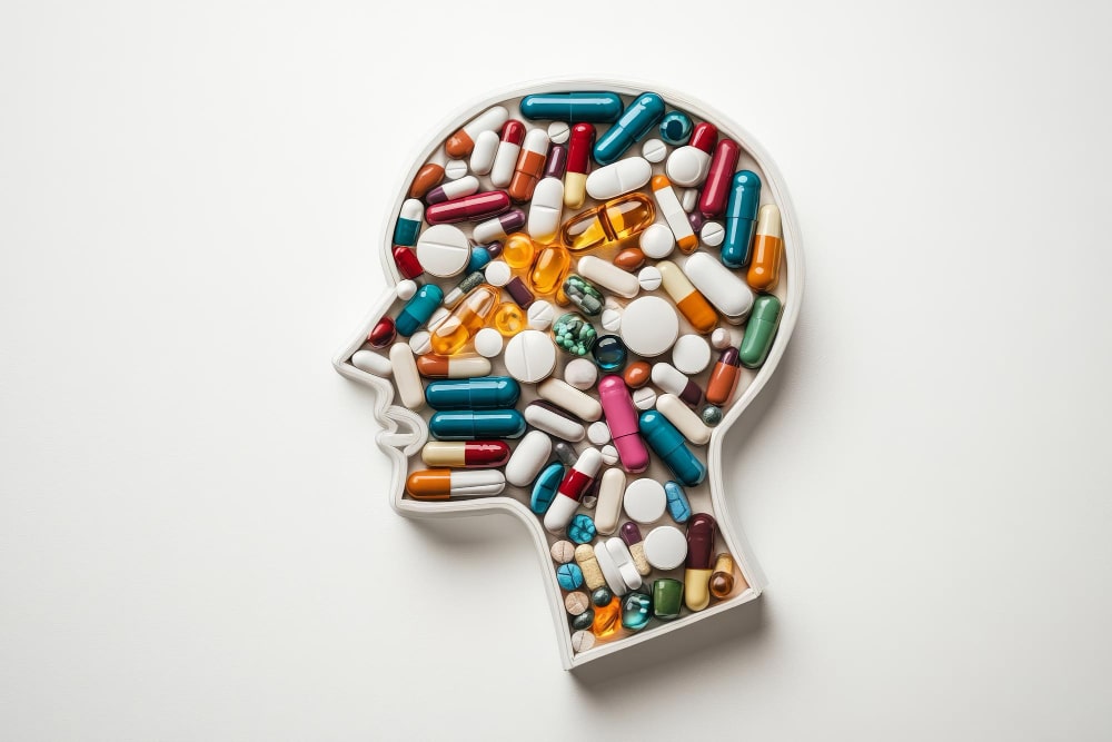 illustration of a man's head filled with medication, psychopharmacology massachusetts