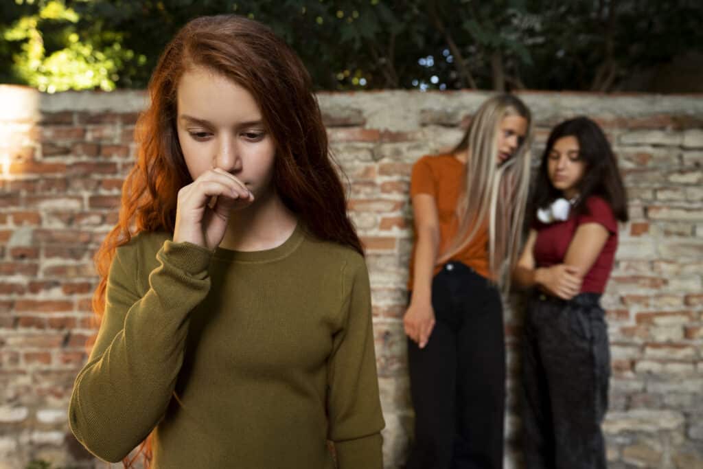 Front view teens criticizing girl, individual psychotherapy Massachusetts