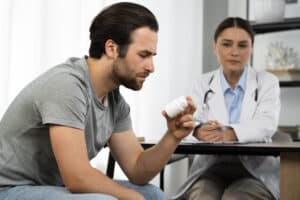 side view man holding pills while doctor is looking at him, psychopharmacology massachusetts