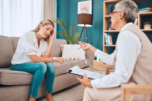 woman-sofa-psychologist-with-advice-clipboard-mental-health-consulting-office