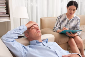 Man receiving a consultation from a psychopharmacologist about his treatment