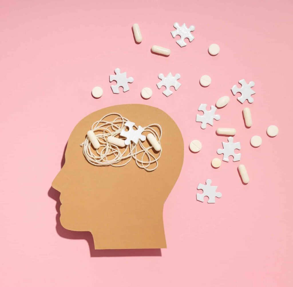 Concept image of psychopharmacology in Boston showing brain and different psychiatric medications
