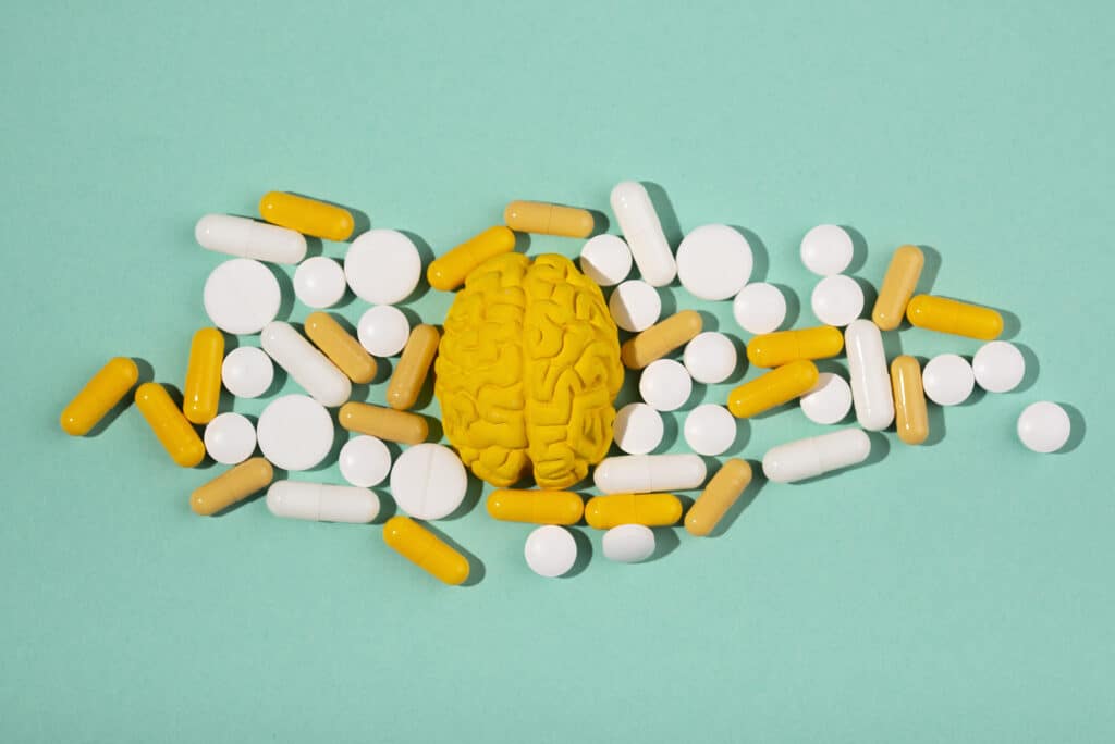 Medical concept image of psychoactive drugs affecting brain and mood for psychopharmacology Boston near George Wright Golf Course and West Street Boston MA