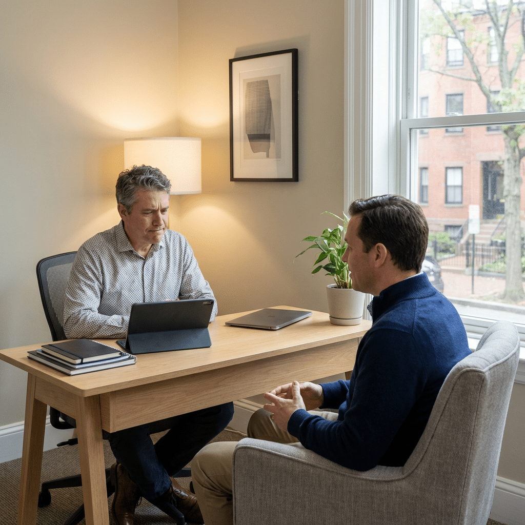 Psychopharmacologist consultation in Boston near West Street MA discussing medication management with patient