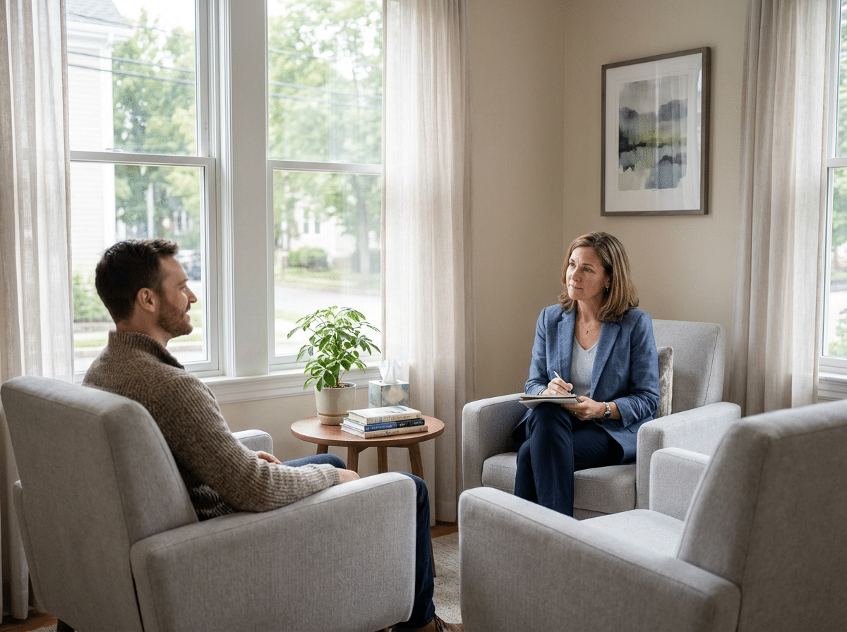 Therapist providing cognitive behavioral therapy for depression in a calm Massachusetts clinic, supporting patient mental health and emotional healing