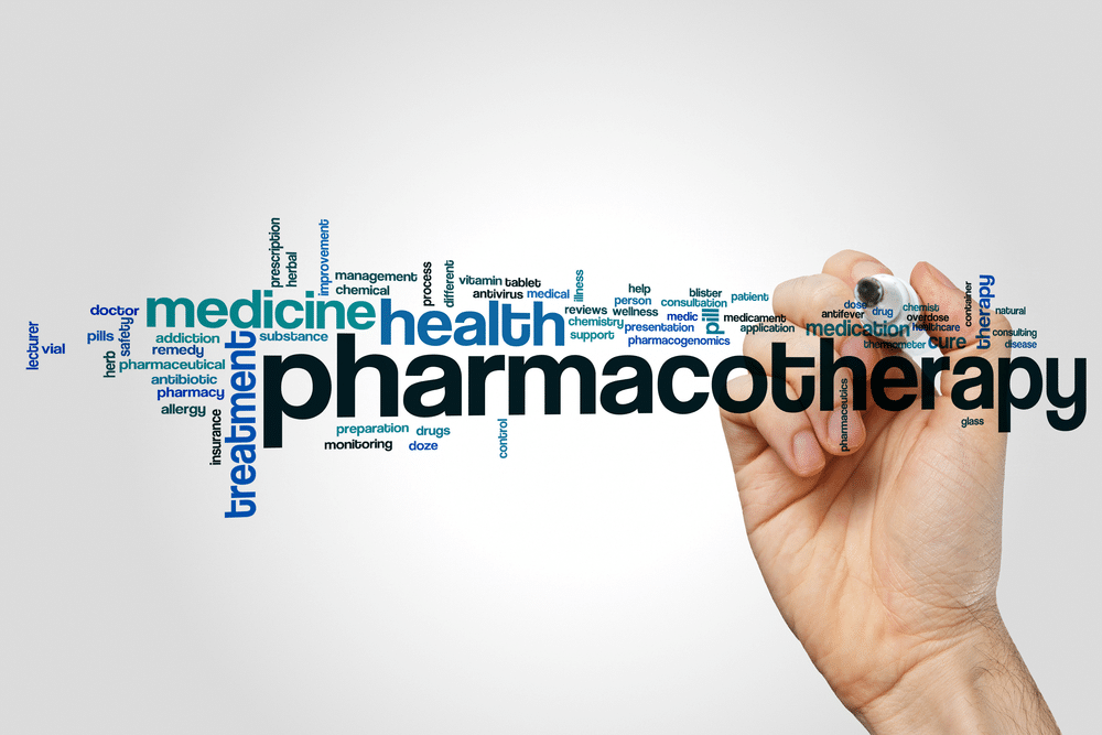 Pharmacotherapy word cloud concept on grey background - Massachusetts Psychiatry