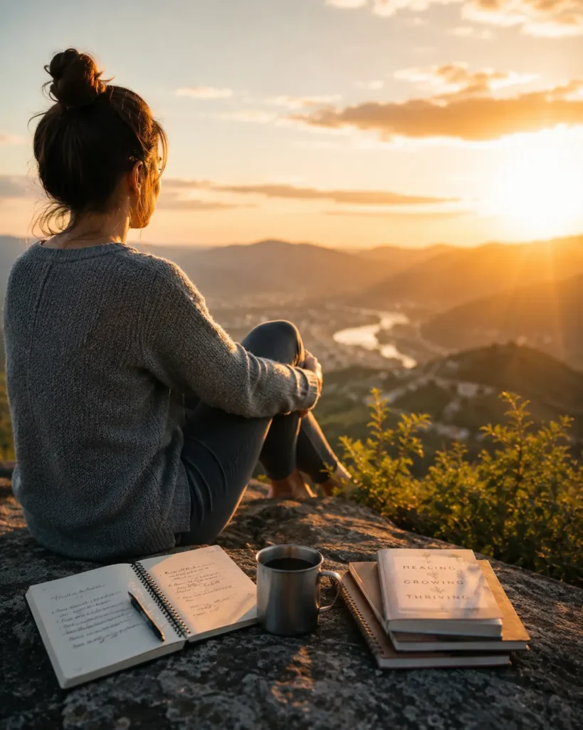 woman sitting in the mountain to heal from depression with her notebook.