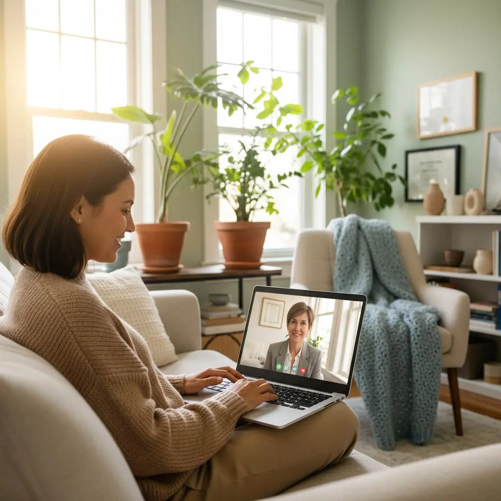A psychiatrist and patient having a collaborative conversation during a virtual appointment -medication management ma
