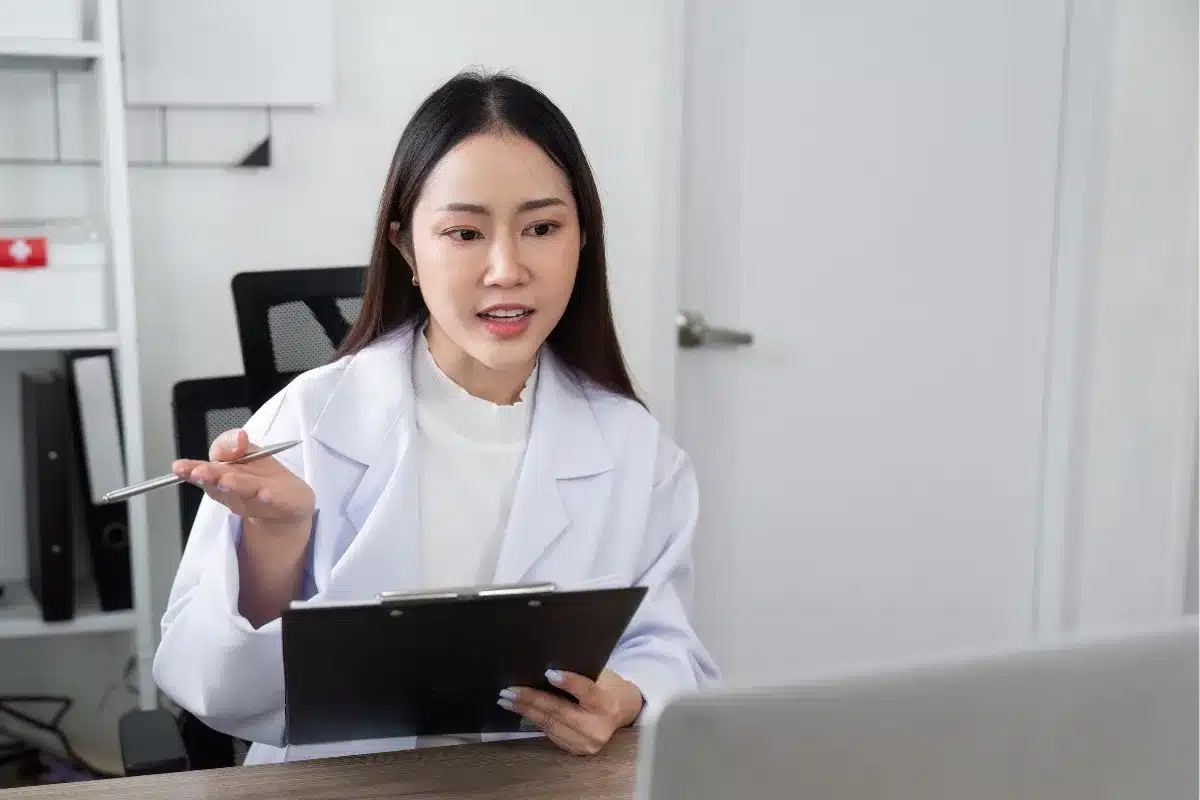 Patient discussing psychiatric medication management during a telepsychiatry follow-up